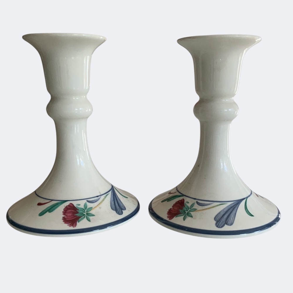 Lenox Poppies on Blue Chinastone Vintage Set 2 Candlesticks